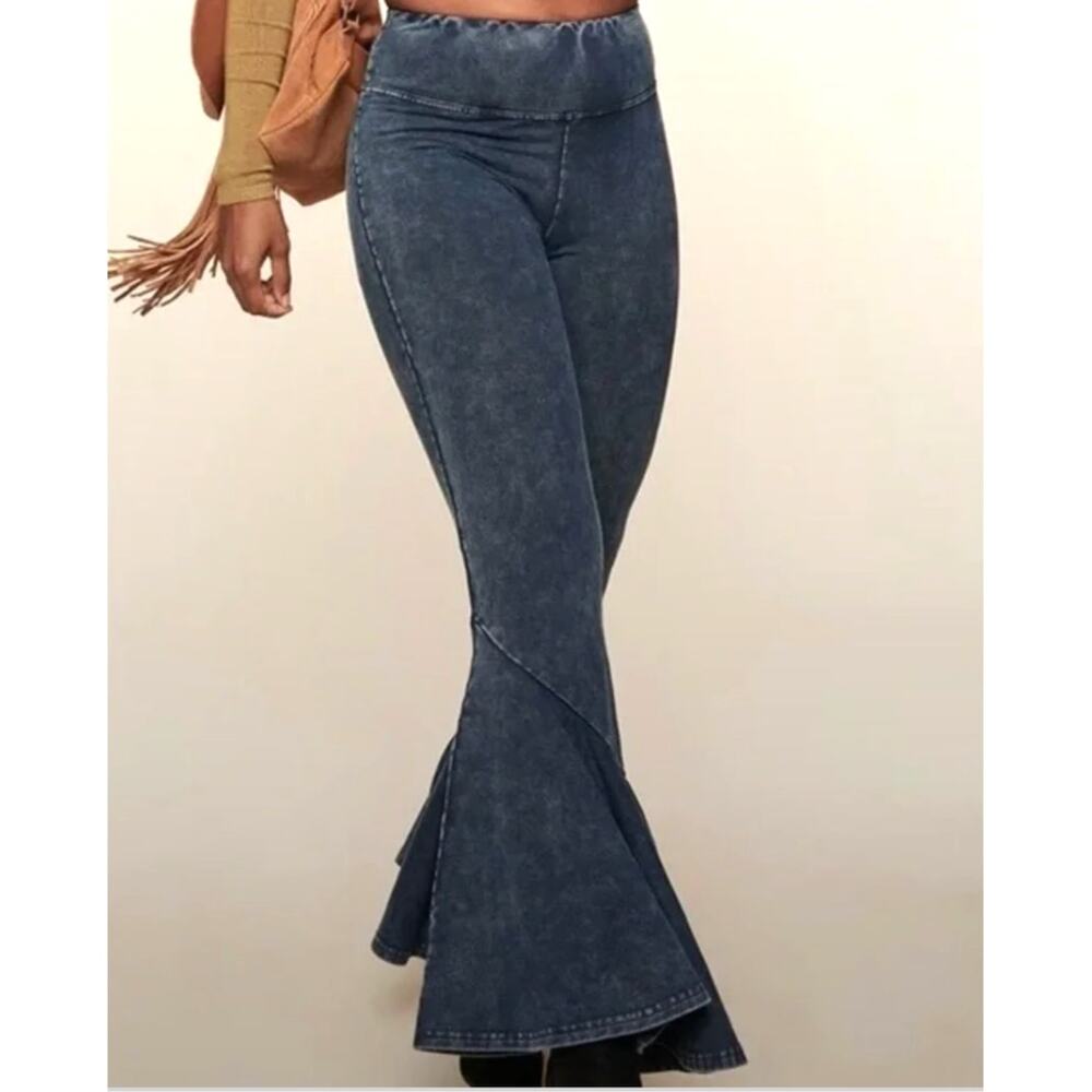 Earthbound Womens S Blue Cotton Stretch Pull On Flare Pants Boho Hippie